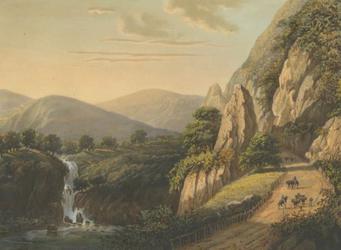 Mountain Road and Waterfall in the Tengger Range, Java Lithograph, circa 1872, close-up 2
