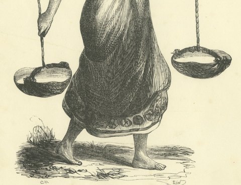 Young Malay Woman Carrying Water, Antique Wahlen Costume Print, 1843-1844, close-up 2