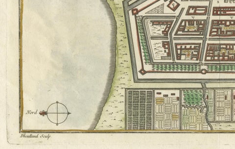 Hand-Colored 1750 Plan of Batavia, Colonial Jakarta, Indonesia by Jacques Bellin, close-up 6
