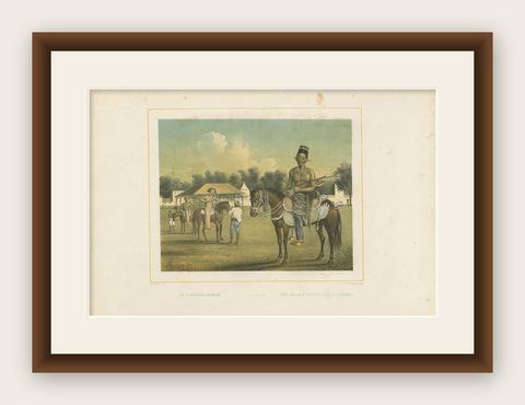 Antique Print of a Javanese Chief Preparing for a Tournament by Van Pers, shown framed
