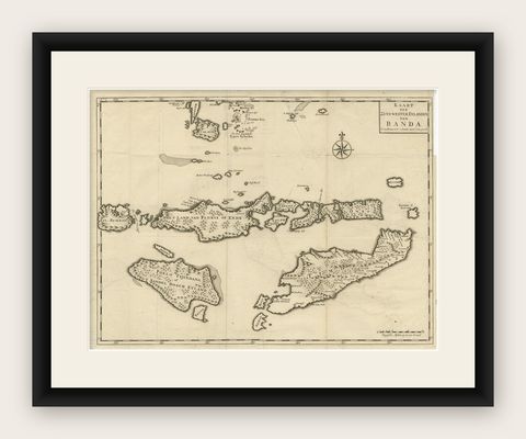 Antique Map of the Banda Islands in Indonesia by Valentijn, 1726, shown framed