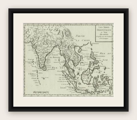 Antique Map of India, the East Indies and the Philippines, shown framed