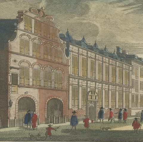 Antique Print of the East India House in Amsterdam, Holland, 1693, close-up 2