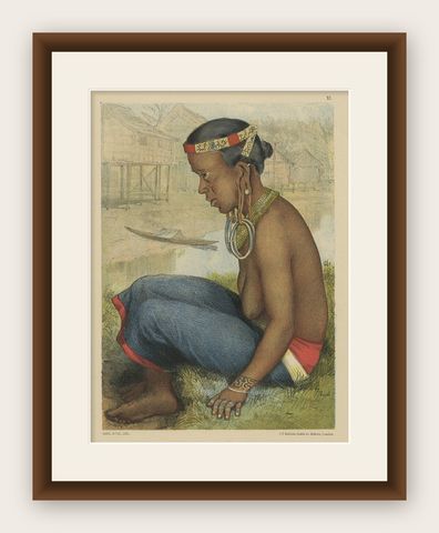 Antique Print of a Tring Dayak Woman from Borneo Island, Indonesia, 1881, shown framed