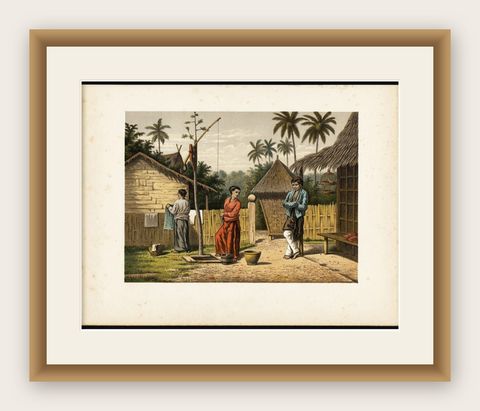 Antique Print of a Domestic Scene in a Kampung on Java, Indonesia, 1888, shown framed