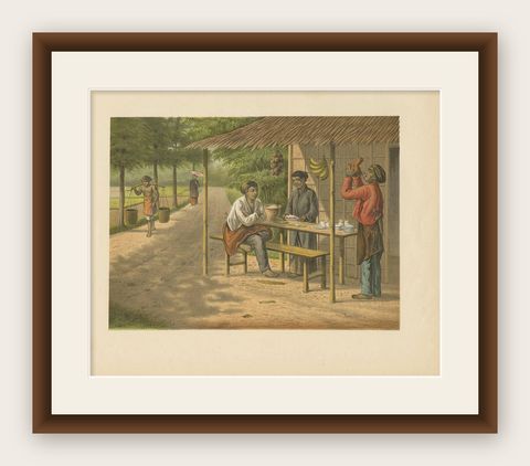 Antique Print of a Warong with Native People, Java, Indonesia, shown framed