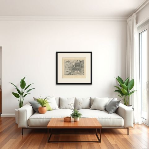 Antique Map of Batavia 'Jakarta', Indonesia by Montanus, circa 1669, shown framed in a room, true to size