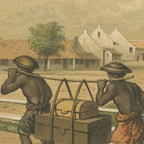 Antique Print of native 'koelies' or carriers on Java by M.T.H. Perelaer (1888), close-up 2