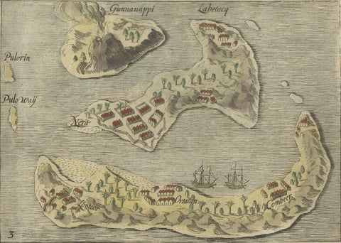 Antique Engravings of Mauritius and Indonesia, incl de Banda Islands, c.1730, close-up 1