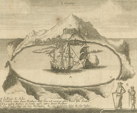 Solor Island View, Indonesian Harbor Engraving, French Voyage Plate c.1700, close-up 2