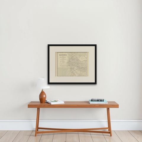 Antique Map of West Kalimantan, Borneo, Indonesia, 1900, shown framed on a wall, true to size