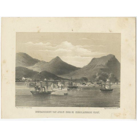 Old Military Scene of Dutch Ships Bombing Atchin in Sumatra, Indonesia, 1784, view 2