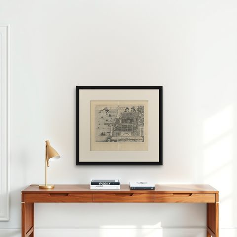 Antique Map of Batavia 'Jakarta', Indonesia by Montanus, circa 1669, shown framed on a wall, true to size
