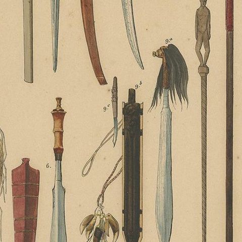 Antique Print with Weapons of Borneo 'Indonesia' by Temminck, circa 1840, close-up 2