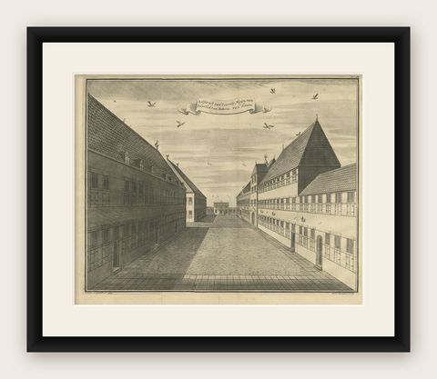 Antique Print of the First Square of the Castle of Batavia by Valentijn, '1726', shown framed