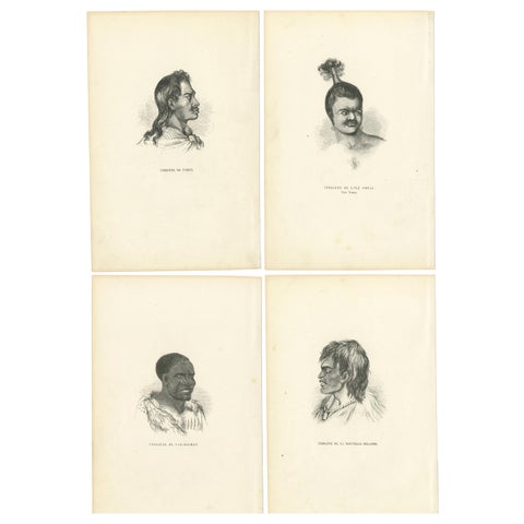 Set of 4 Antique Prints of Natives of Timor, Tahiti, Tasmania & New Zealand 1845