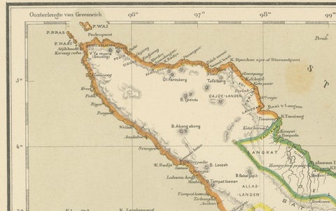 Antique Map of Sumatra, Bangka Belitung and Riau in the Dutch East Indies, 1884, close-up 6