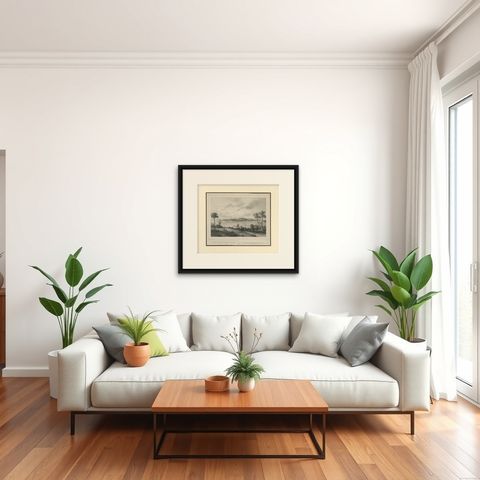 Antique Print of the Roadstead of Riau 'Indonesia' by C.W.M. van de Velde, 1844, shown framed in a room, true to size