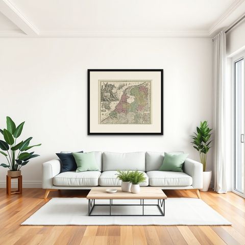 Dutch Republic & East Indies, Belgium Foederatum Map by Seutter, 18th Century, shown framed in a room, true to size