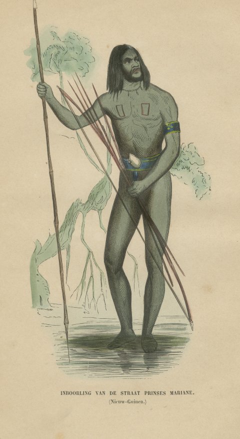 New Guinea Islander of Prinses Marianne Strait, Hand-Colored Print, 1854