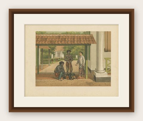 Antique Print of a Chicken Salesman in Batavia by M.T.H. Perelaer, 1888, shown framed