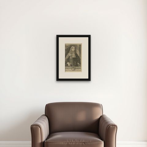 Antique Portrait of J. Camphuys, Governor-General of the Dutch East Indies, 1726, shown framed on a wall, true to size