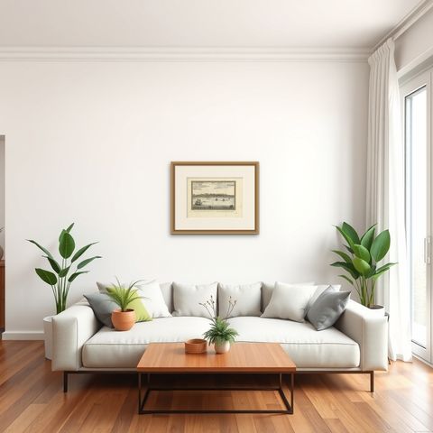 Antique Print of Samboupo ‘Sulawesi, Indonesia’ by J. van Schley, 1750, shown framed in a room, true to size