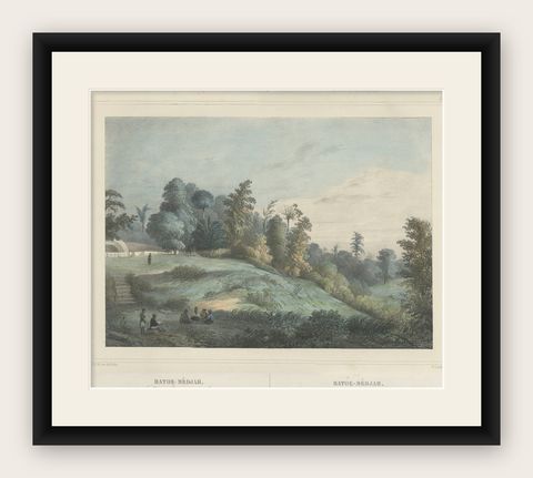 Antique Print of Batu Meja in the Moluccas, Indonesia, c.1845, shown framed