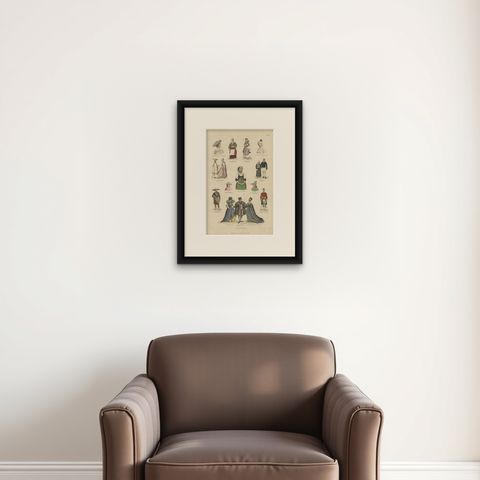 Antique Costume Print of Greece, Java, Scotland and Others, C.1875, shown framed on a wall, true to size