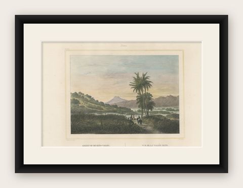 Antique Print of the Dano Valley on the Island of Java, Indonesia, 1844, shown framed