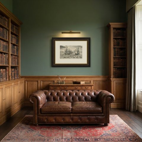 Antique Print of a Fleet of Nine Ships Departing to the East Indies '1603', shown framed in a room, true to size
