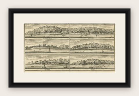 Antique Print of Trading Posts in Indonesia by Valentijn, 1726, shown framed