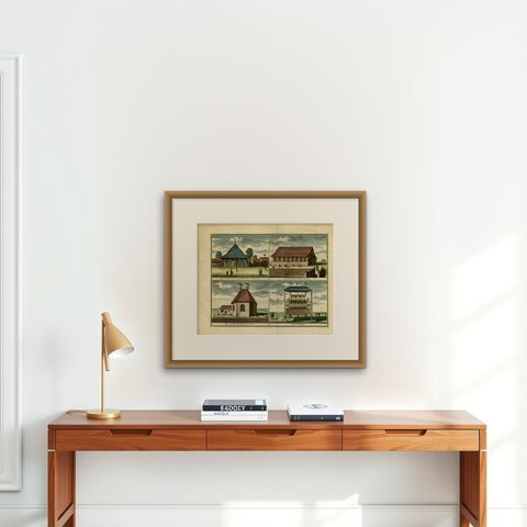 Antique Print with Four Views of Ambon, Indonesia, 1726, shown framed on a wall, true to size
