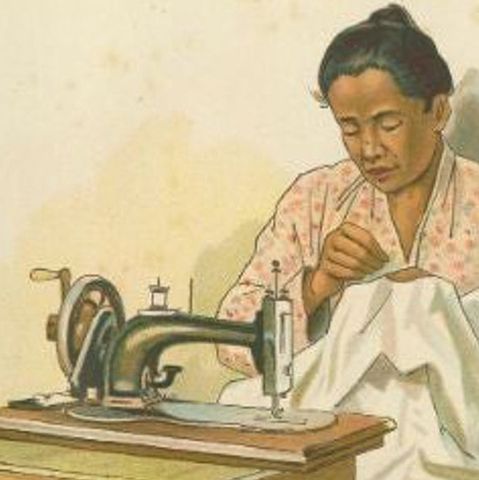 Antique Print of an Indonesian Seamstress, 1909, close-up 1