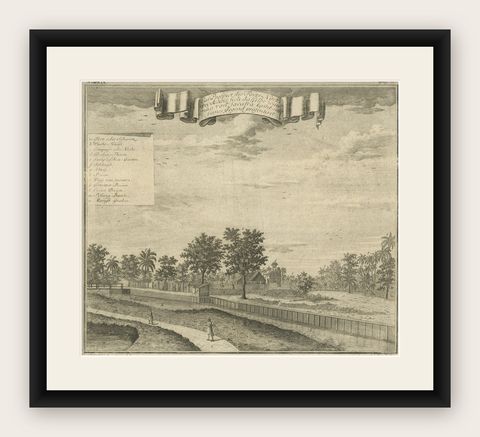 Old Antique Print of Fort Noordwijk, Batavia in the Dutch East Indies, 1739, shown framed