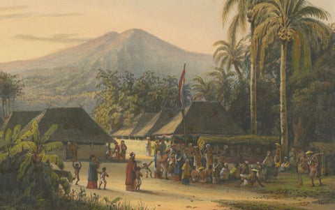 Vibrant Colonial Era Java Print: Festival near Mount Ardjoeno, ca. 1872, close-up 1