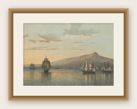 View of Anjer near the Krakatoa Volcano, Sunda Strait, Java Lithograph, 1872, shown framed