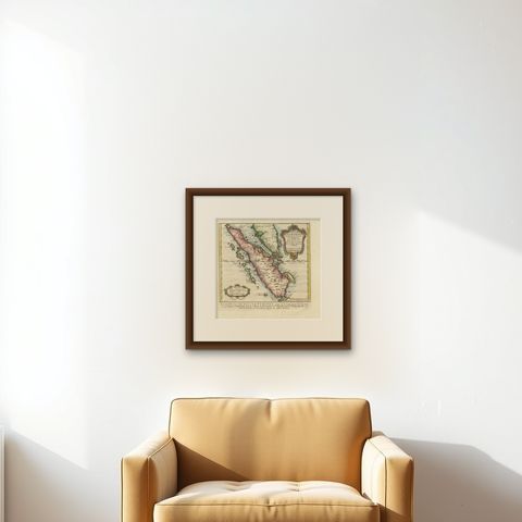 Rare 1770 Bellin Map of Sumatra with Stunning Decorative Cartouches, shown framed on a wall, true to size