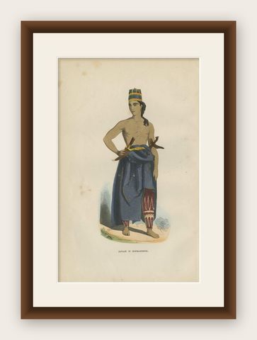 Antique Print of an Inhabitant of Java in Costume by H. Berghaus, 1855, shown framed