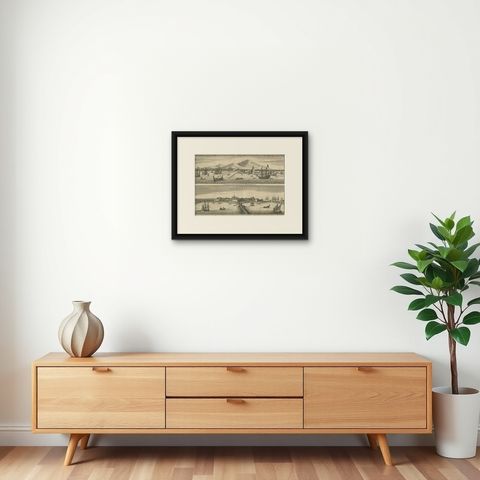 Antique Print of Batavia 'Jakarta', in the Dutch East Indies, 1744, shown framed on a wall, true to size