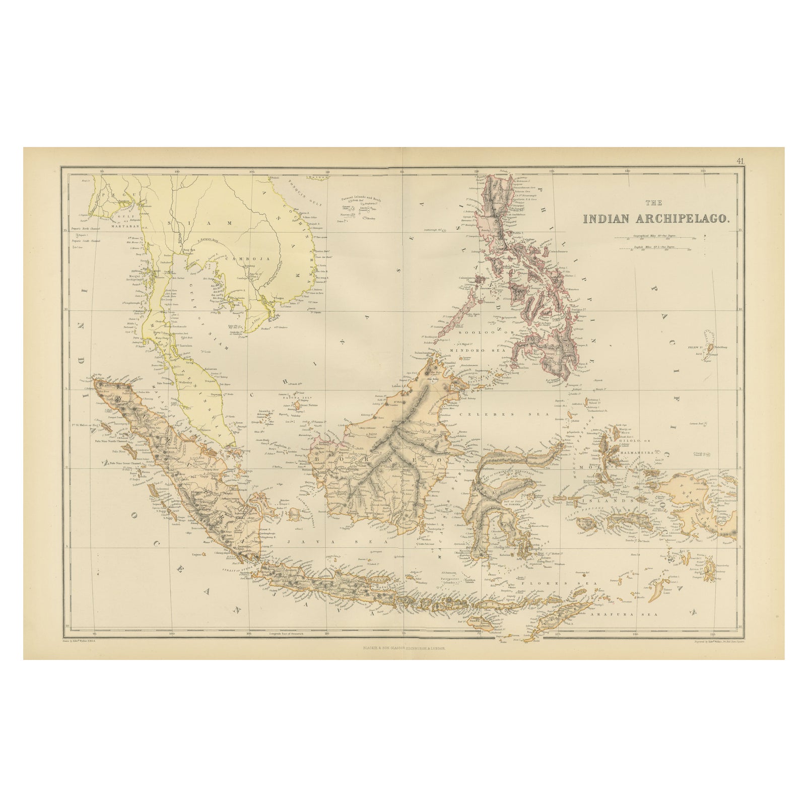 1882 Antique Map of Indian Archipelago, Southeast Asia, Blackie & Son