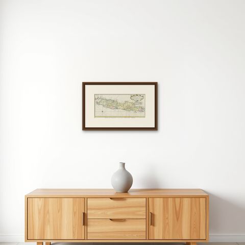 Antique Map of the Island of Java, Indonesia, shown framed on a wall, true to size