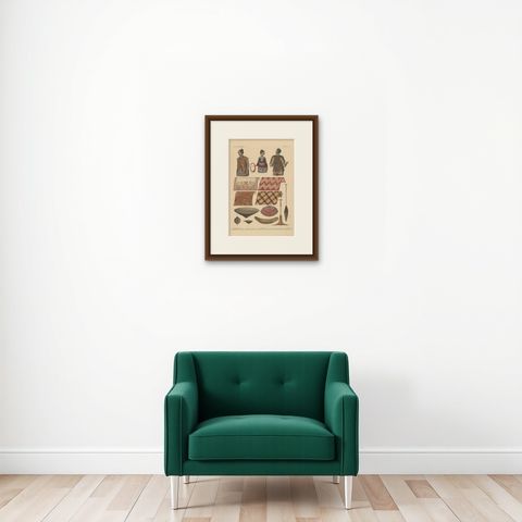 Print with Clothes and Utensils of Borneo 'Indonesia' by Temminck, circa 1840, shown framed on a wall, true to size