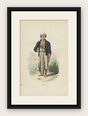 Antique Print of an Inhabitant of Java 'Indonesia' by H. Berghaus, 1855, shown framed