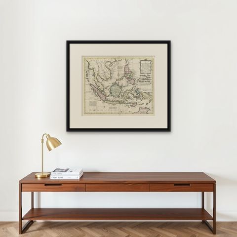 Rare Antique Map of the Dutch East Indies 'Indonesia', 1774, shown framed on a wall, true to size