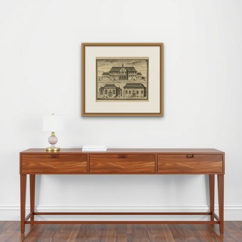Antique Print of the City Hall of Batavia 'Indonesia' by F. Valentijn circa 1725, shown framed on a wall, true to size