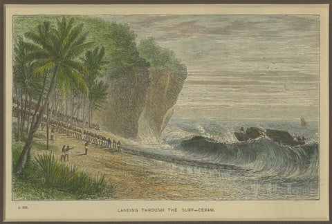 Landing Through the Surf, Ceram, late 19th-century hand-colored wood engraving, close-up 3