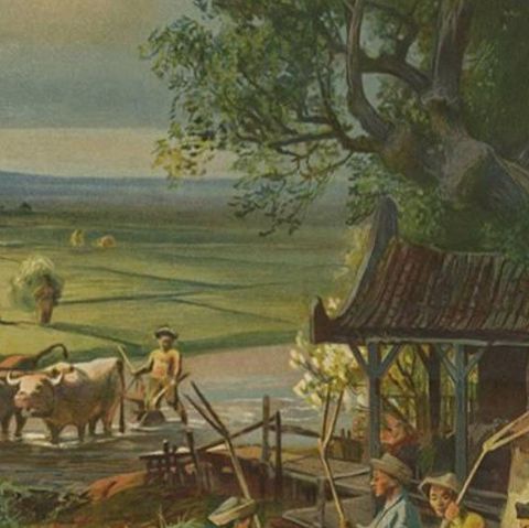 Antique Print 'Schoolplate' of a Rice Field by F.E. Wachsmuth, circa 1900, close-up 2