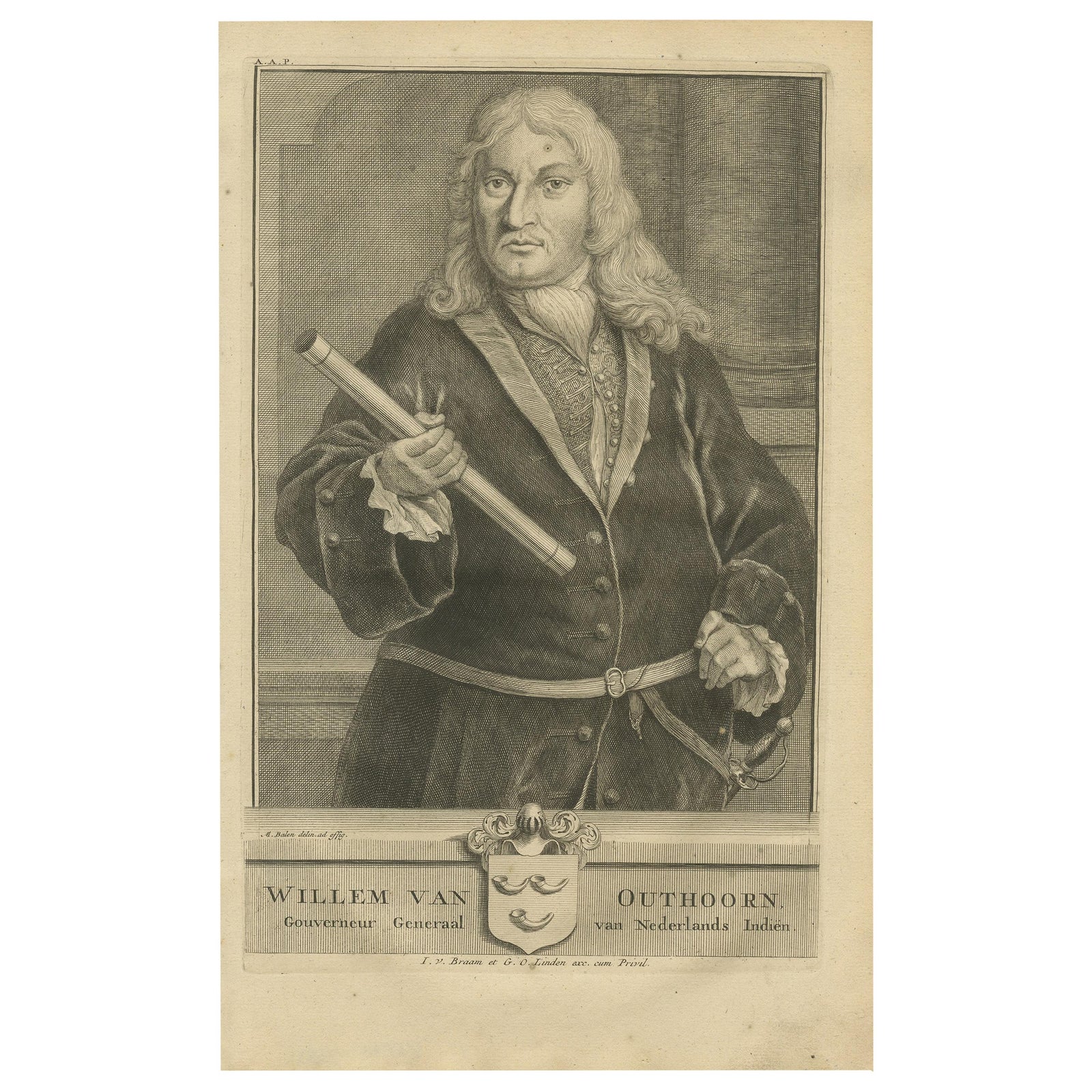 Antique Portrait of Willem van Outhoorn by Valentijn, 1726