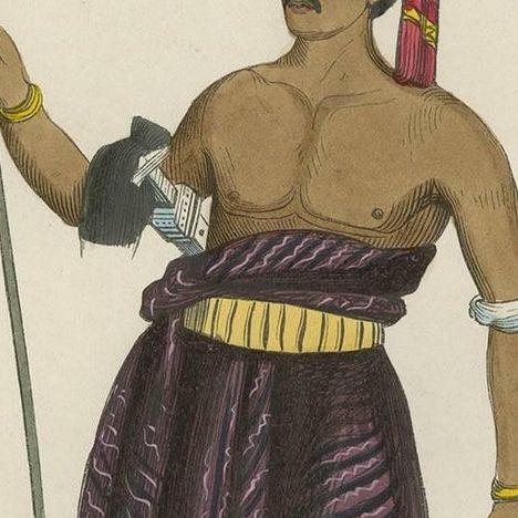 Antique Print of a Warrior of Savu Island Indonesia by H. Berghaus, 1855, close-up 1